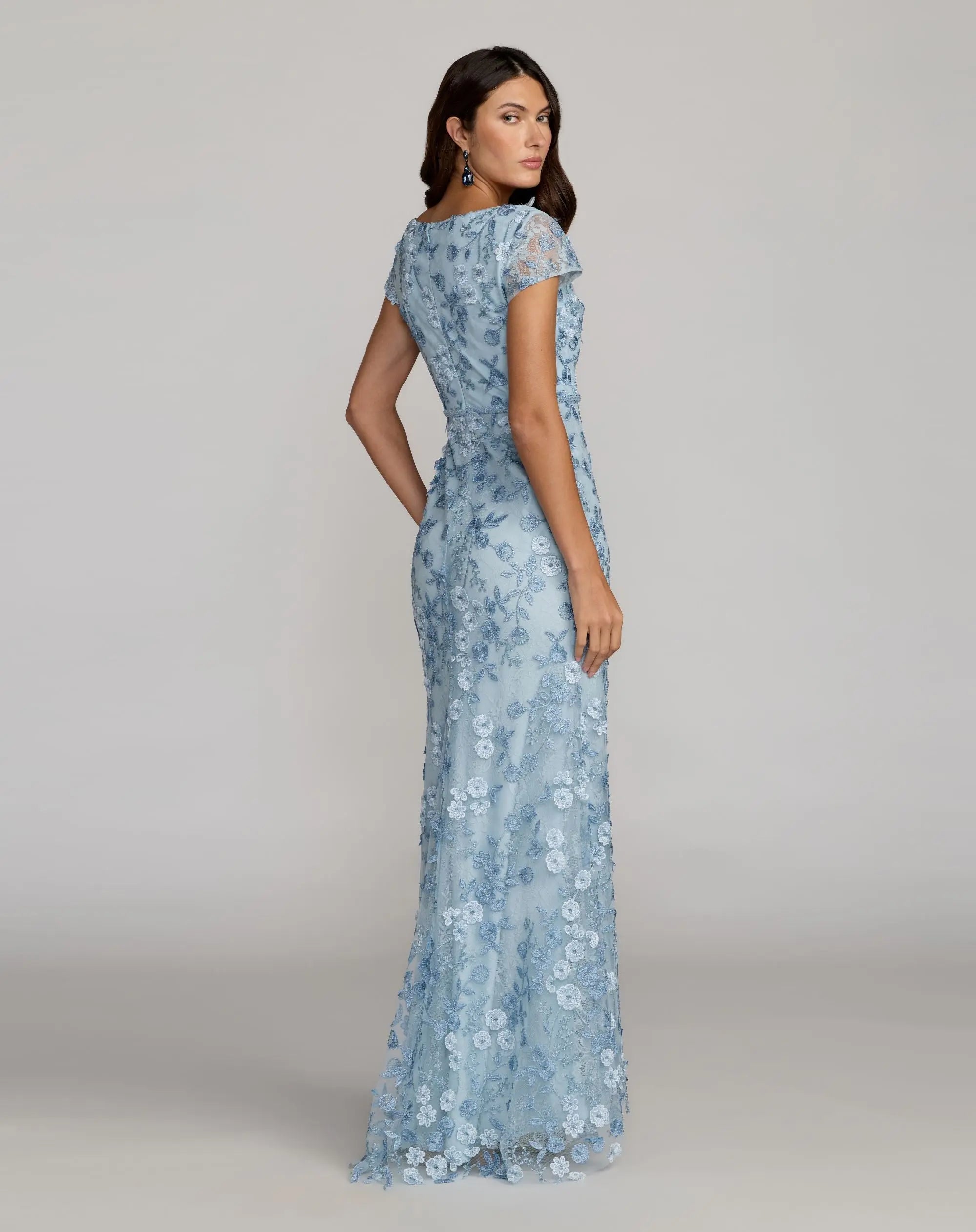 Petite Blue Floral Applique Boat Neck Cap Sleeve Gown