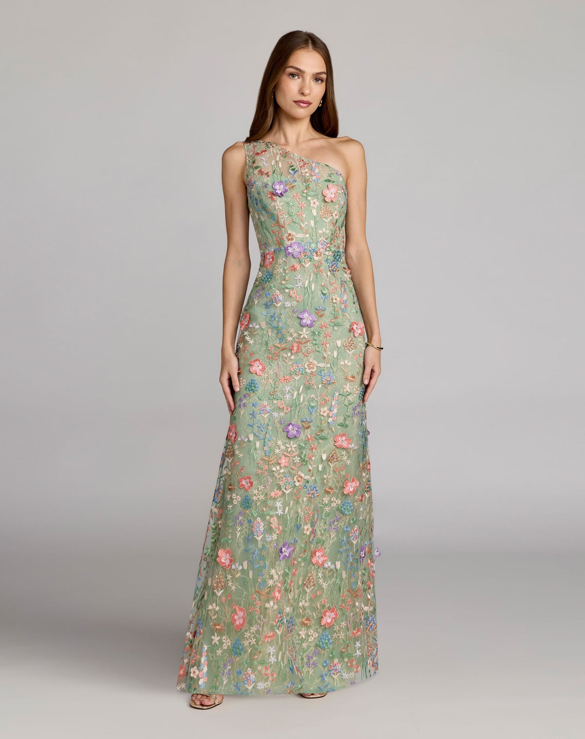 One Shoulder Floral Embroidered Gown