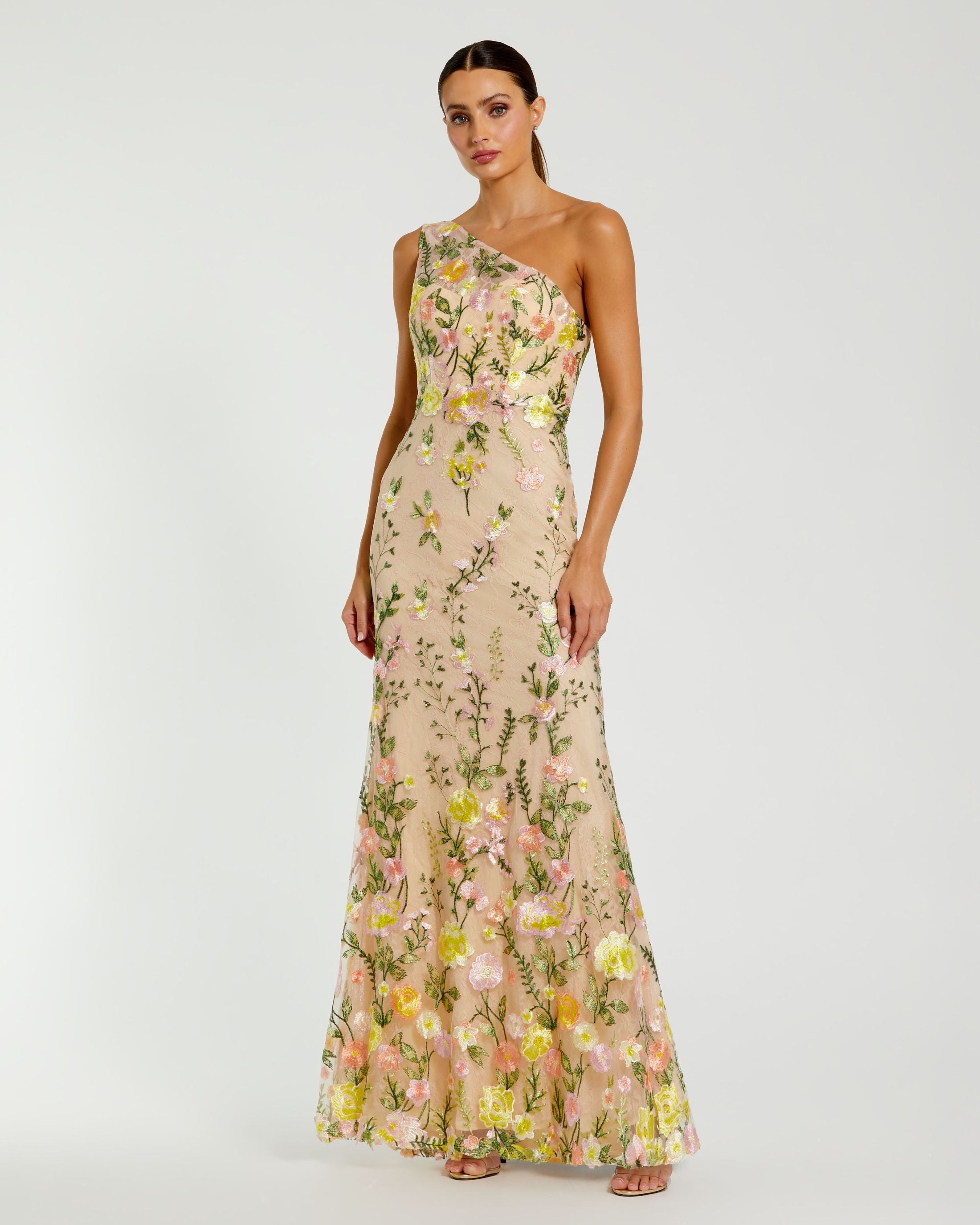 One Shoulder Floral Embroidered Gown