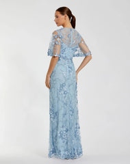 Petite Blue Flutter Sleeve Floral Embroidered Net Gown