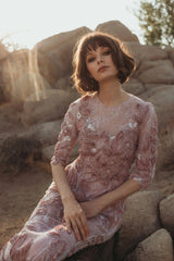 Petite Pink High Neck Embellished Lace Gown with 3/4 Sleeves
