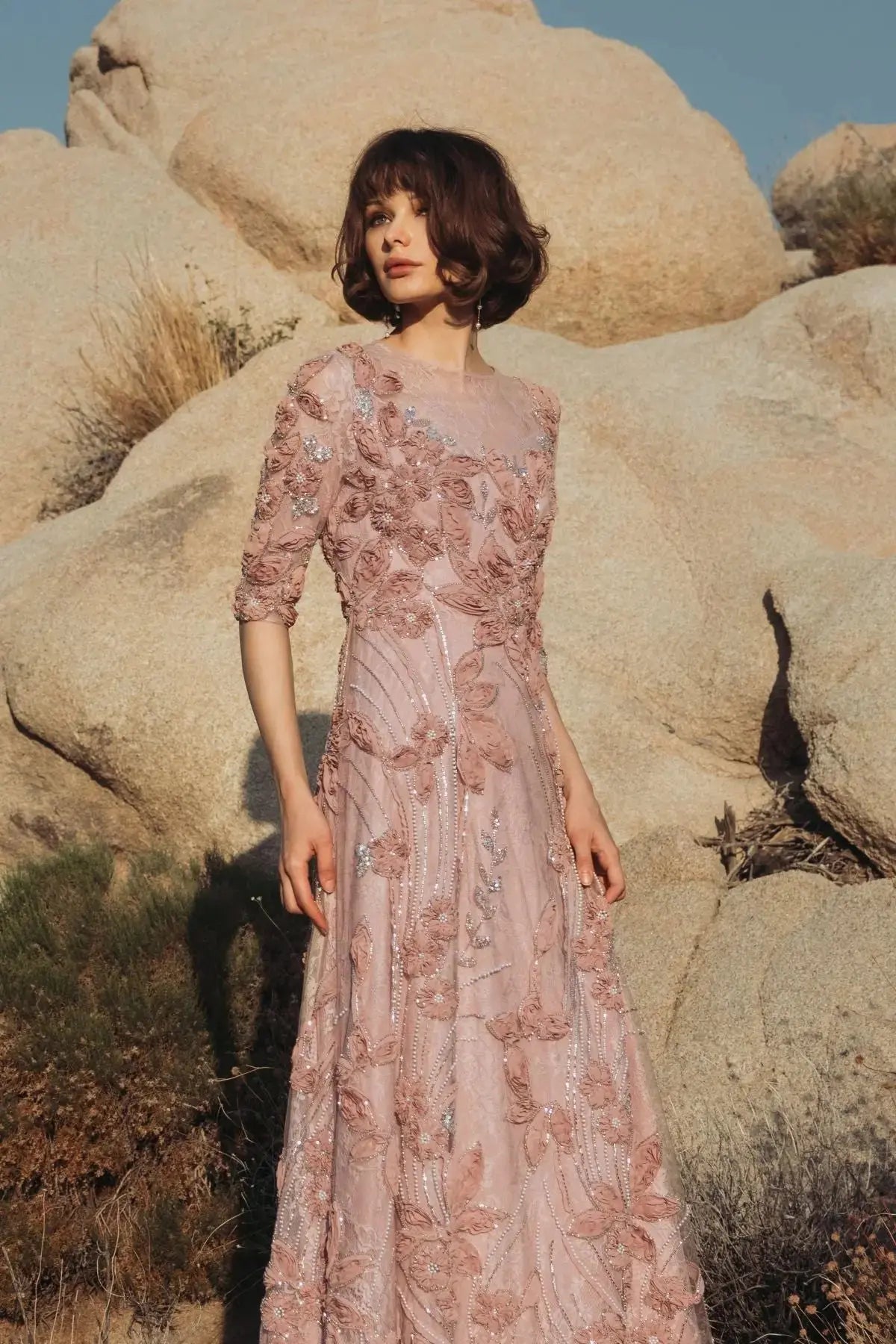 Petite Pink High Neck Embellished Lace Gown with 3/4 Sleeves