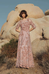 Petite Pink High Neck Embellished Lace Gown with 3/4 Sleeves