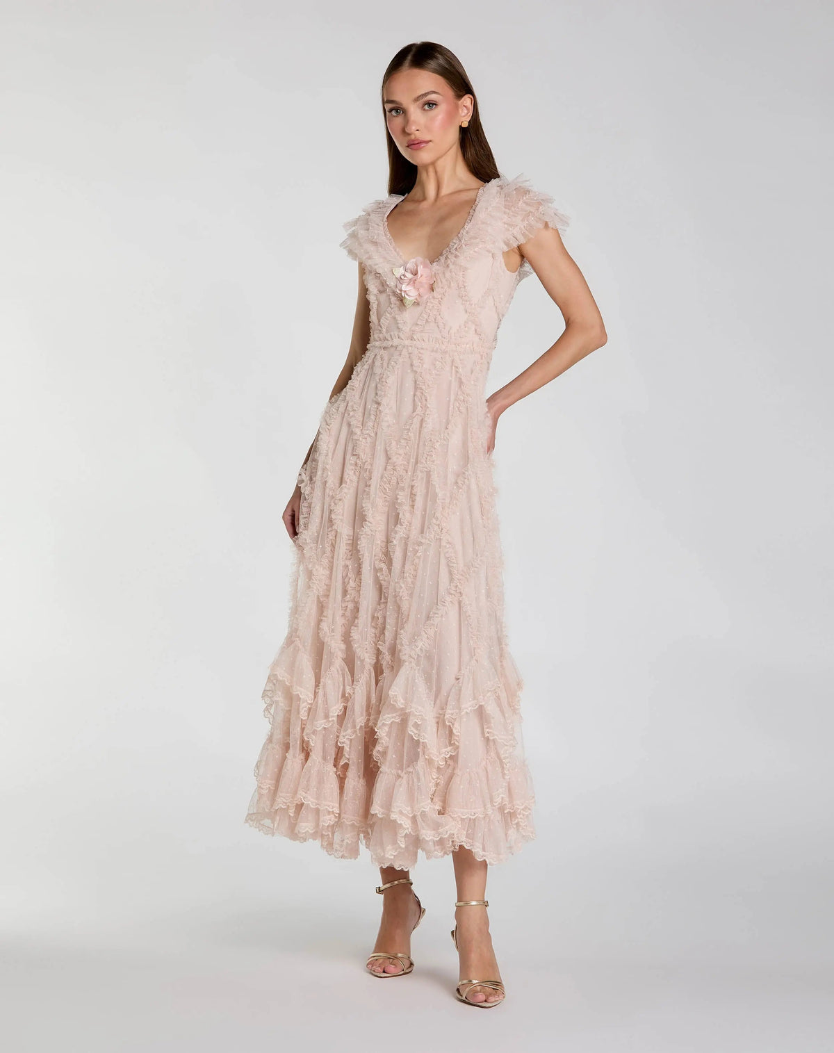 Micro Ruffle Cap Sleeve A-Line Midi Dress