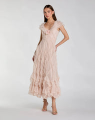 Petite Pink Micro Ruffle Cap Sleeve A-Line Midi Dress