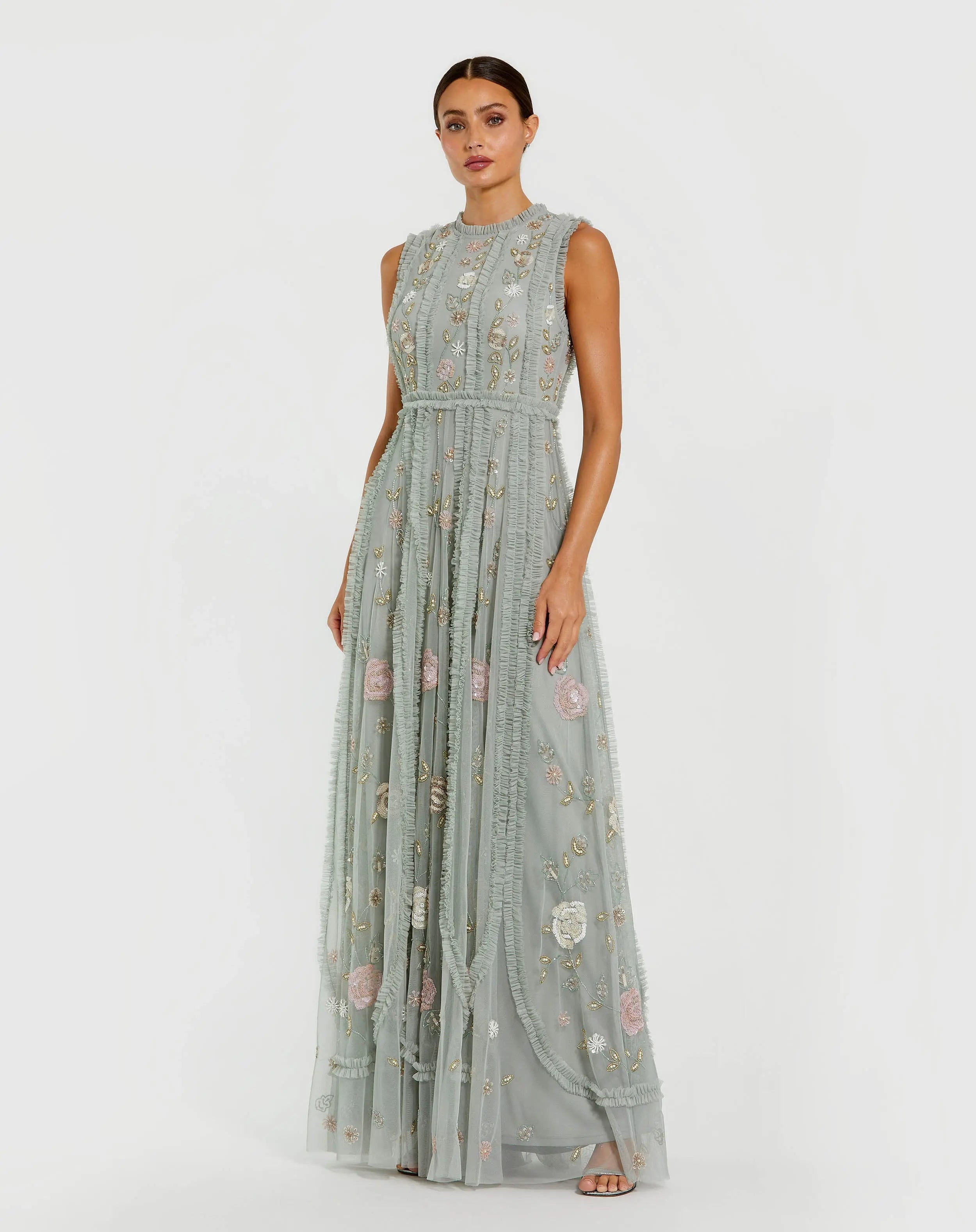 Floral Mesh Sleeveless A Line Micro Ruffle Gown