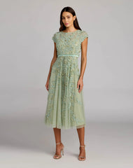Petite Green Floral Embellished Cap Sleeve Midi Dress