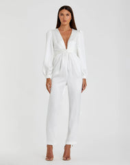 White Front Twist Puff Sleeve Deep V Jumpsuit