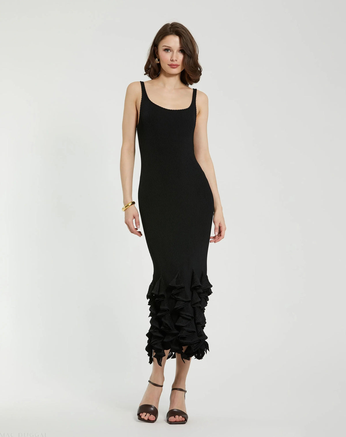 Black Rib Knit Sleeveless Midi Dress With Ruffle Hem - FINAL SALE