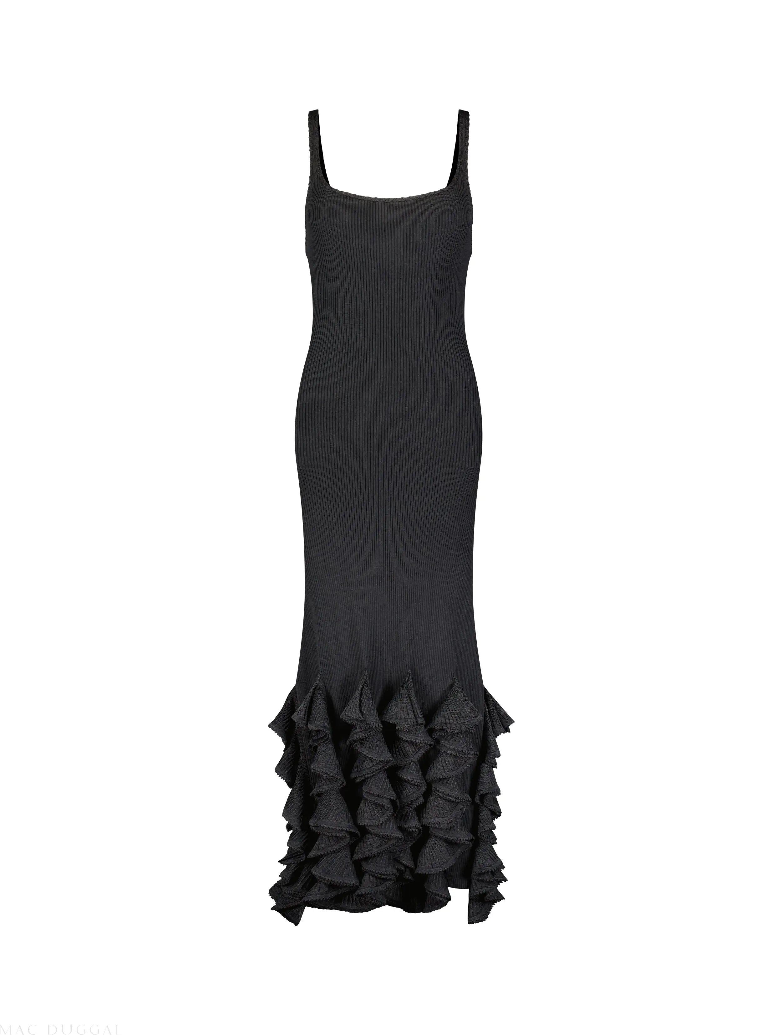 Black Rib Knit Sleeveless Midi Dress With Ruffle Hem - FINAL SALE