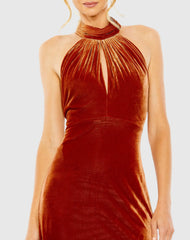 Orange Halter Tie Front Slit Velvet Column Gown