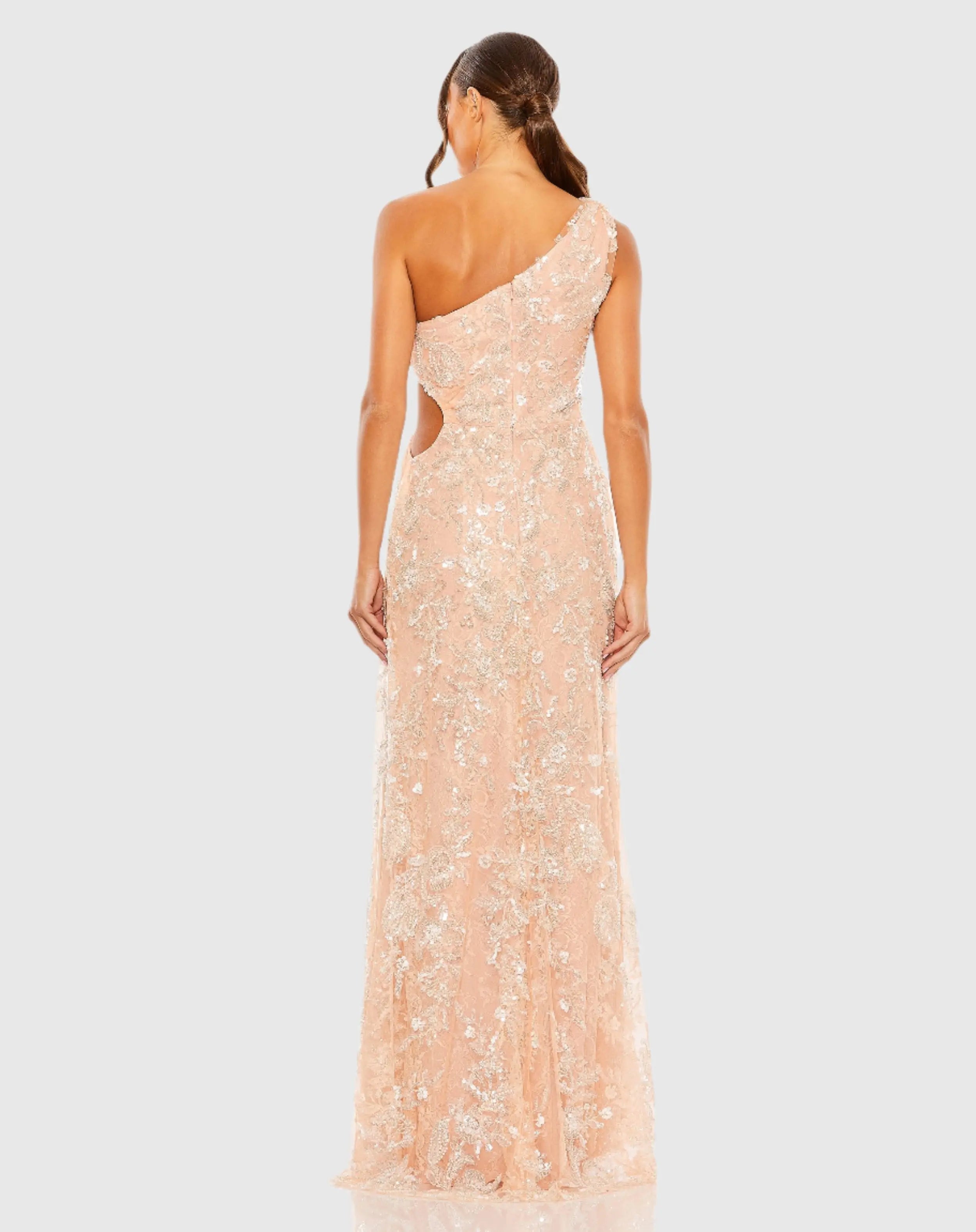 Pink One Shoulder Side Cut Embellished Gown