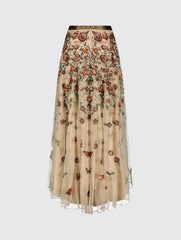 Beige Floral Beaded Long Chiffon Skirt